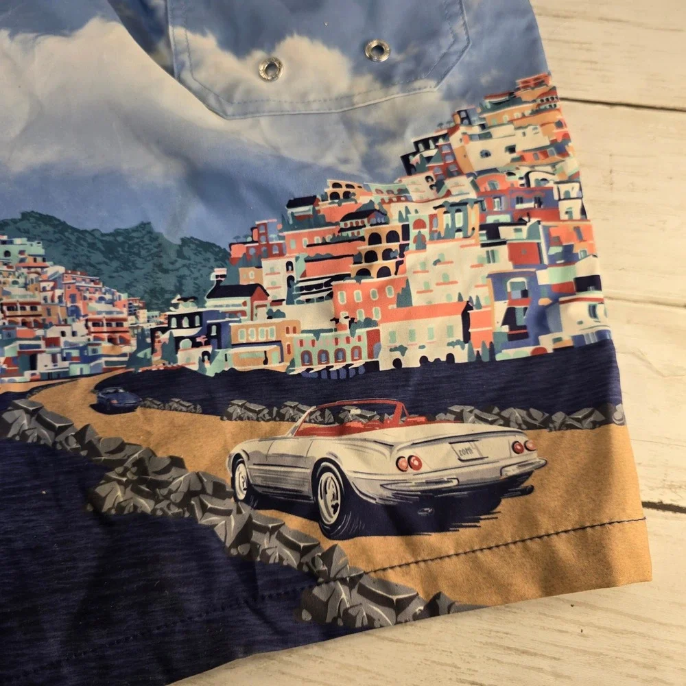 Peter Millar Seaside Mens Blue Coastal Village Scenic Print Swim Trunks Size M